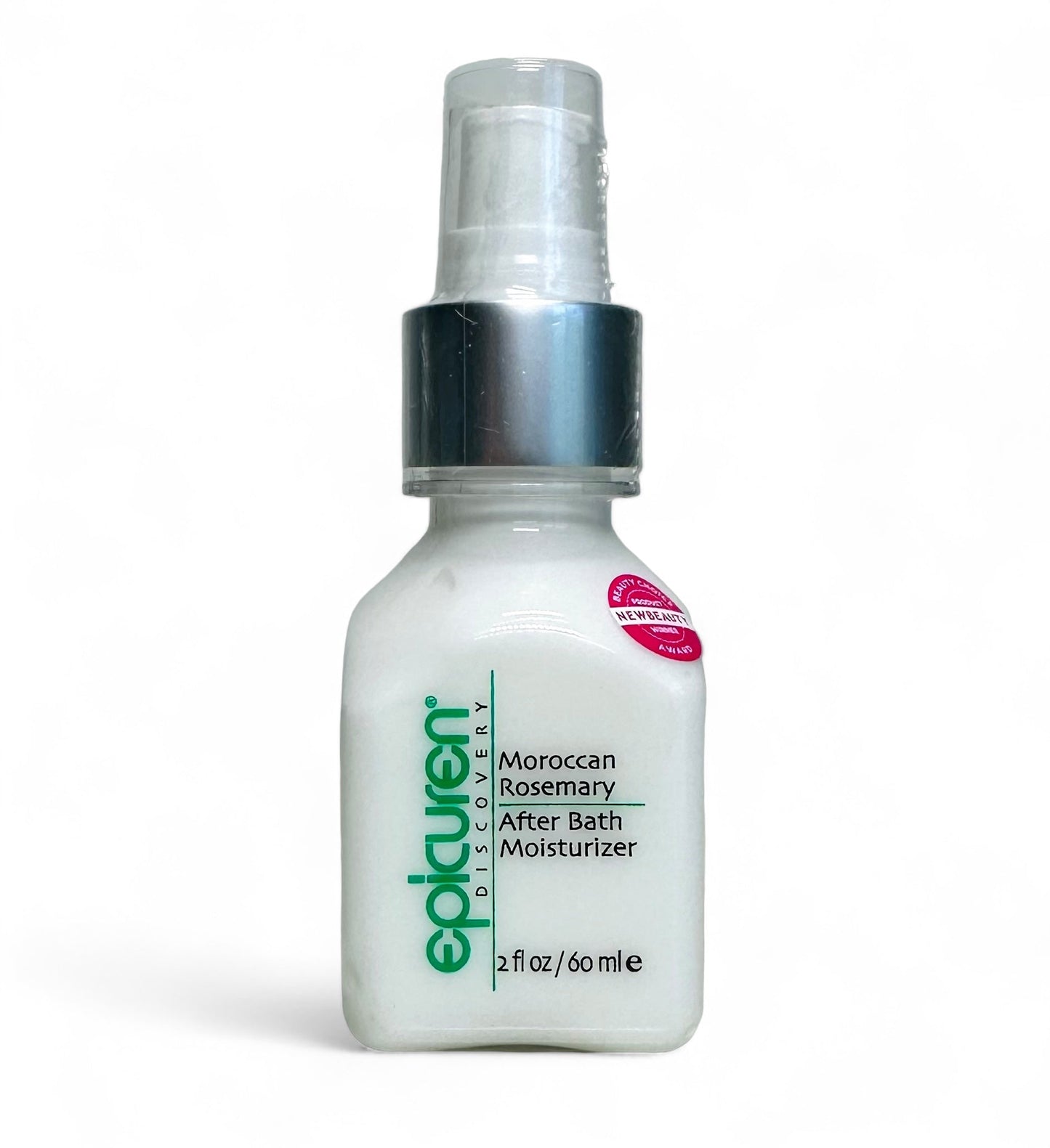 A bottle of Epicuren Discovery Moroccan Rosemary After Bath Body Moisturizer, with a white and silver design, 2 fl oz in size.