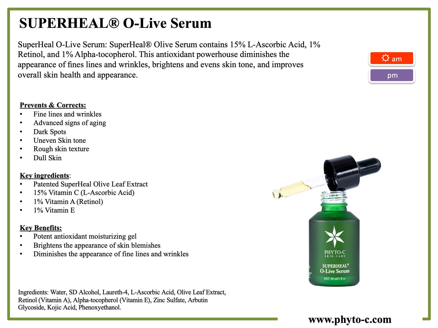 Phyto-C Skin Care Superheal™ O-Live Serum 30ml - European Beauty by B