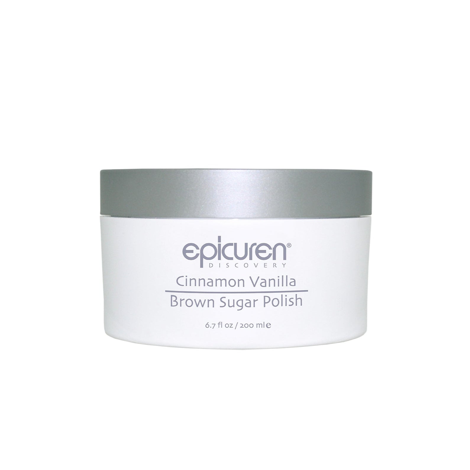 White container of epicuren Cinnamon Vanilla Brown Sugar Polish on a white background
