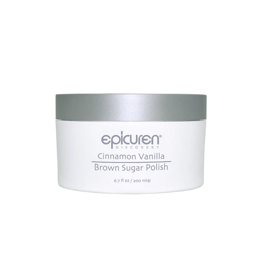 White container of epicuren Cinnamon Vanilla Brown Sugar Polish on a white background