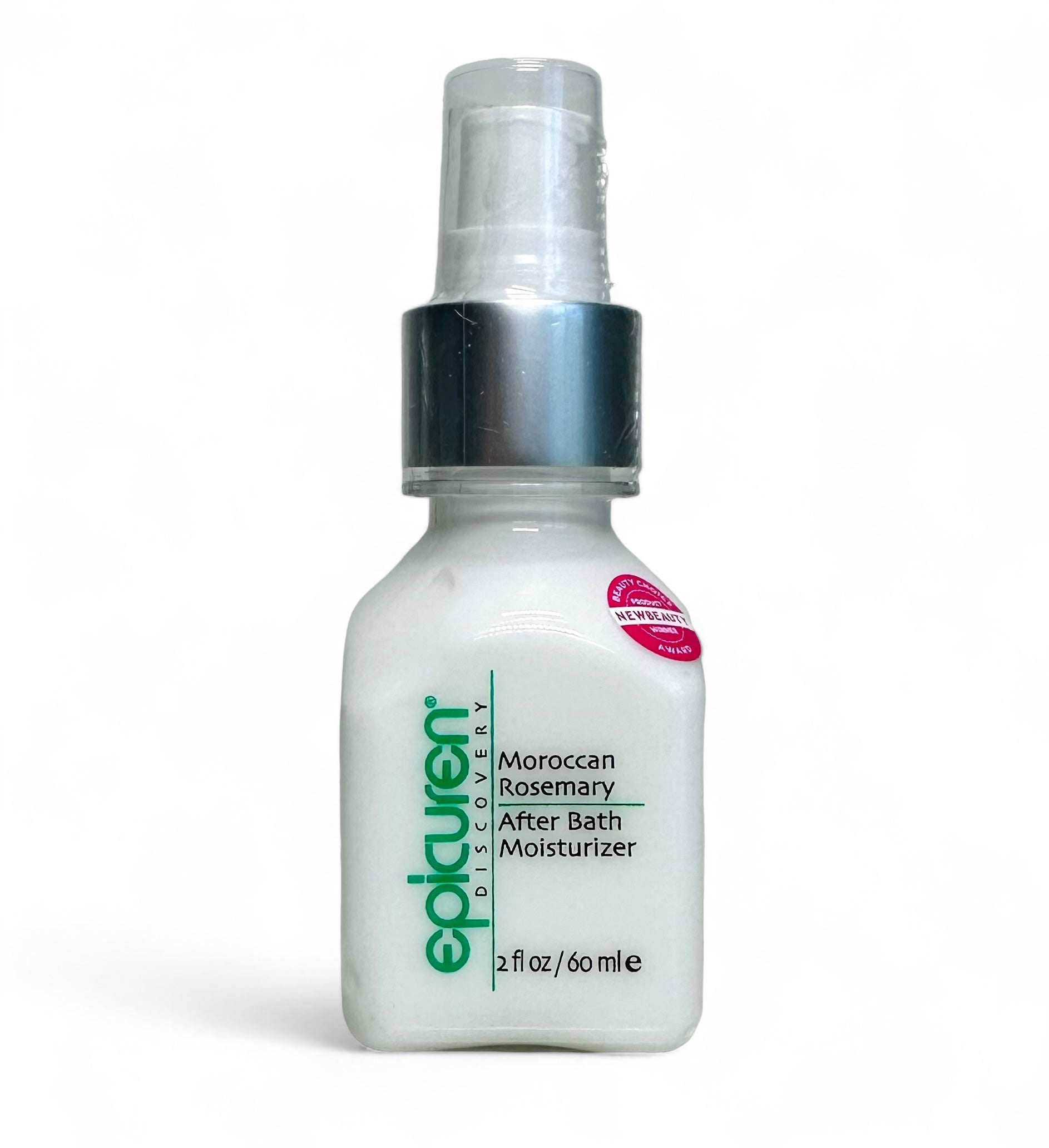 A bottle of Epicuren Discovery Moroccan Rosemary After Bath Body Moisturizer, with a white and silver design, 2 fl oz in size.