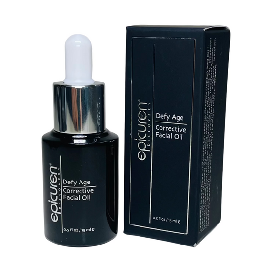 Epicuren Discovery Defy Age Corrective Facial Oil packaging and bottle, black in color, with text indicating the product name and size.